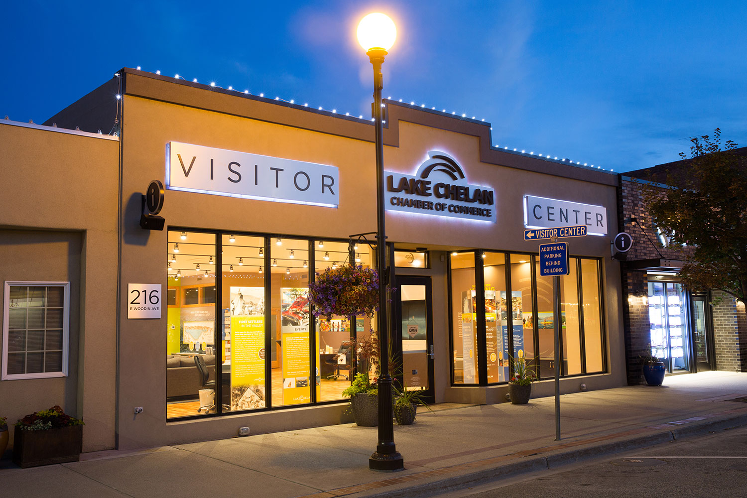 Lake Chelan Visitor Center Exterior at Dusk with LED Lighting